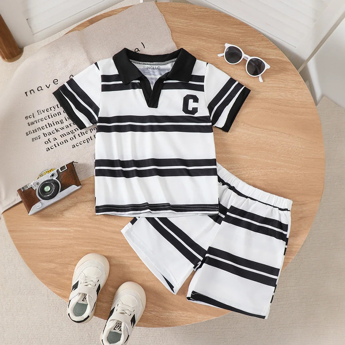 Boys Black Short Sleeve Striped Polo T-Shirt With Shorts Sets