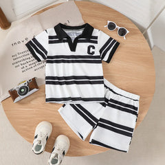Boys Black Short Sleeve Striped Polo T-Shirt With Shorts Sets