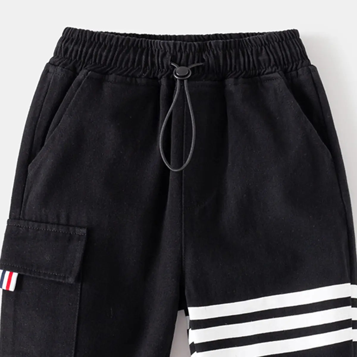 Boys Black Three Stripes Print Cargo Pants