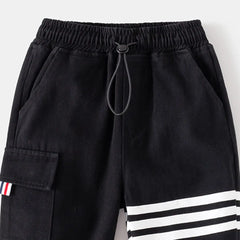 Boys Black Three Stripes Print Cargo Pants