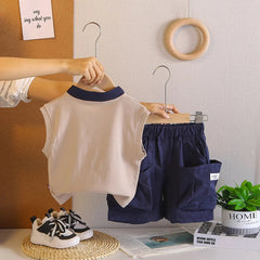 Boys Beige Sleeveless Polo-T-Shirt With Cargo Shorts Sets