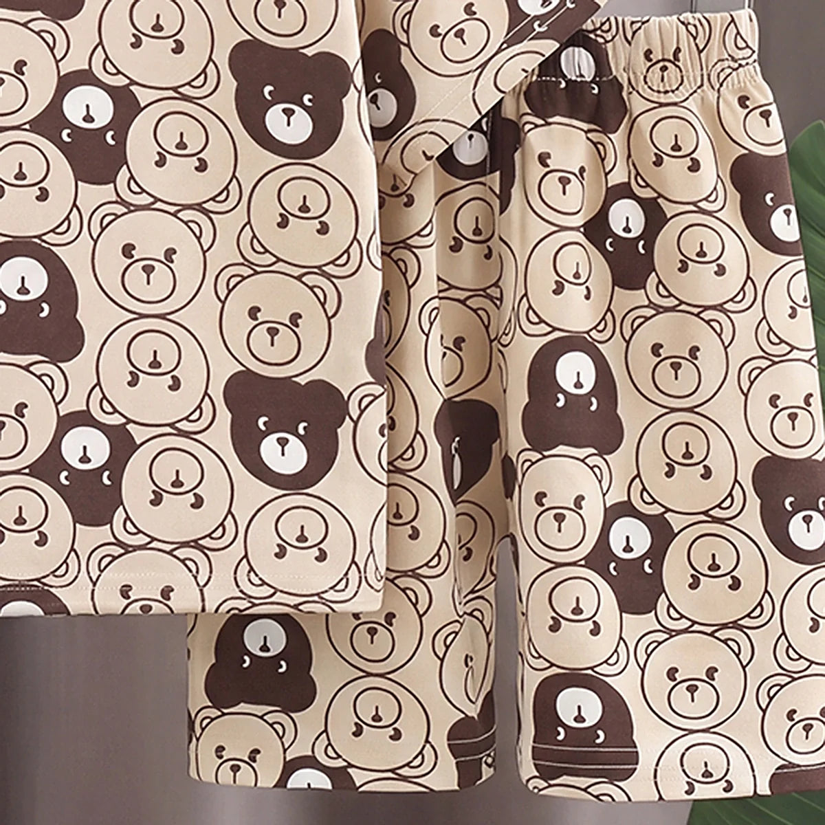 Boys Beige Short Sleeve Bear Print T-Shirt With Shorts Sets