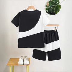 Boys Black Color-blocked Short Sleeves T-Shirt & Shorts Co-ord Sets