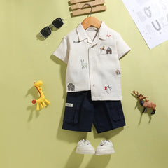 Boys Beige Embroidered Short Sleeve Shirt With Navy Shorts Sets