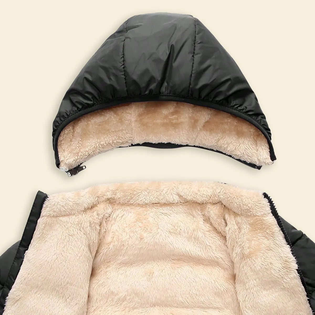 Boys Black Hooded Puffer Jacket With Sherpa Fleece Lining