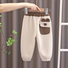 Boys Beige Bear Embroidered Patched Jogger