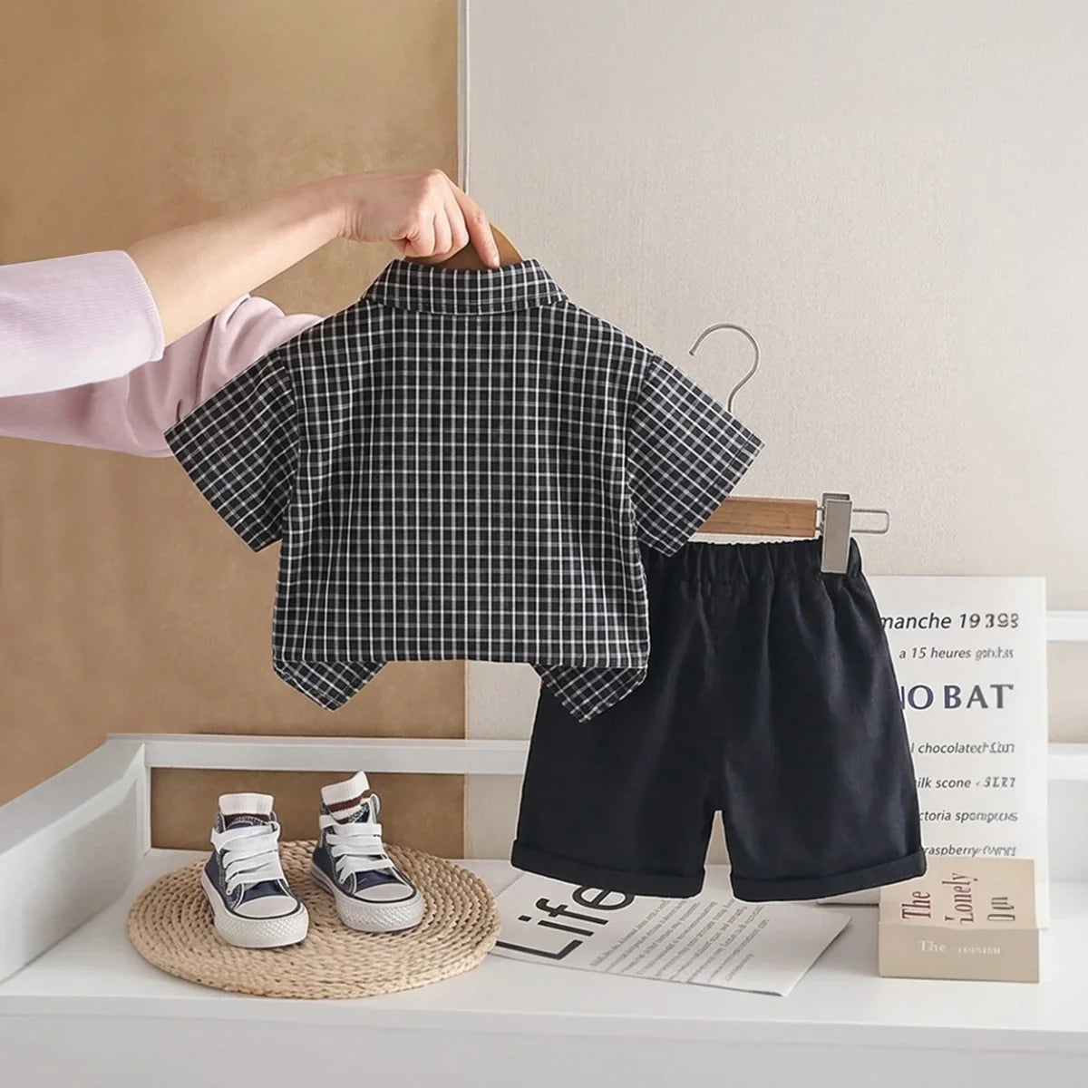 Boys Black Checked Short Sleeve Shirt with Shorts Sets