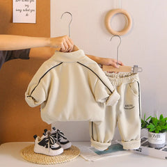 Boys Beige Typographic Printed Zip-up Jacket & Jogger With T-Shirt & Sling Bag Sets