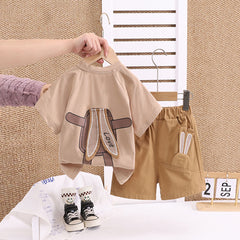 Boys Beige Rabbit Ear Appliqued T-Shirt With Shorts Set
