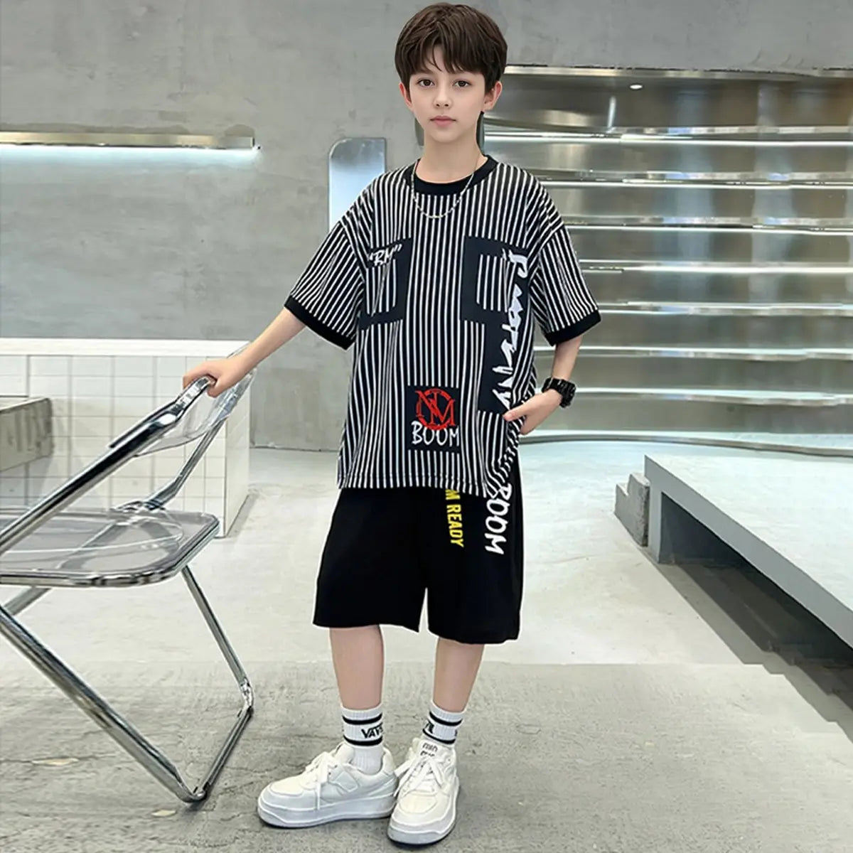 Boys Black Stripes Short Sleeves Oversized T-Shirt With Shorts Set