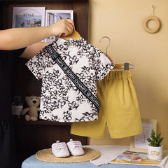 Boys Black Floral Print Short Sleeve Shirt With Shorts Sets