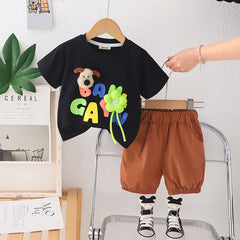 Boys Black Flower Applique Short Sleeves T-Shirt With Shorts Set