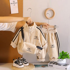 Boys Beige Two Side Stripes Zip-up Jacket With Jogger Co-ord Sets