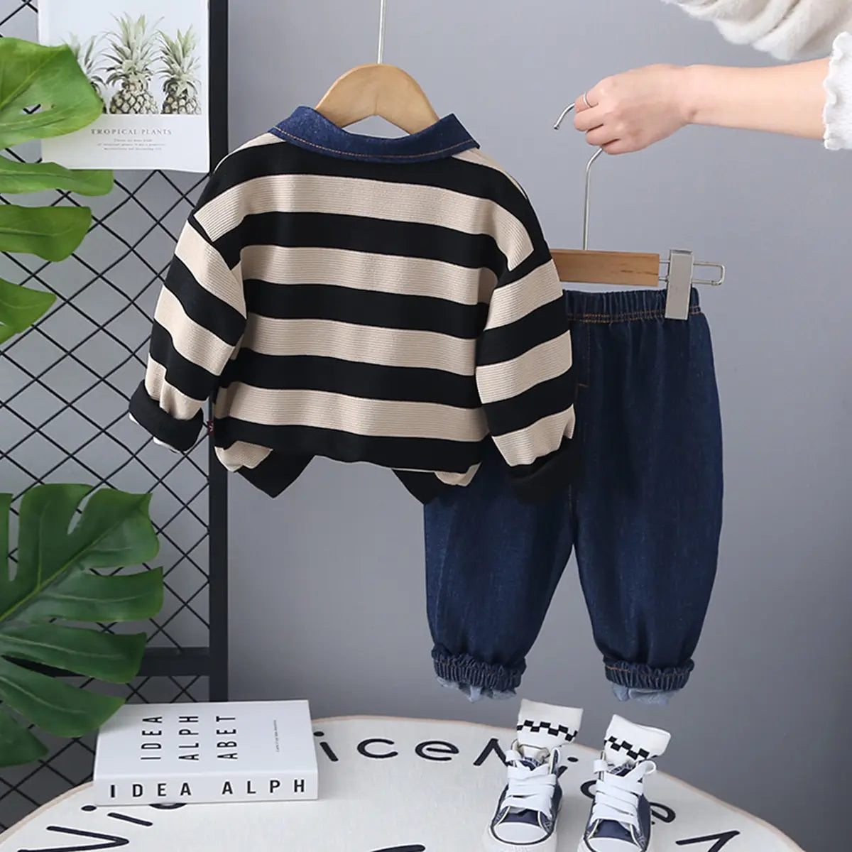 Boys Beige Stripes Polo Sweatshirt With Denim Pants Set
