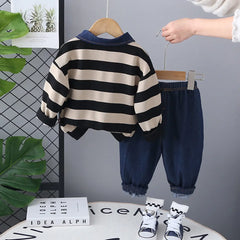 Boys Beige Stripes Polo Sweatshirt With Denim Pants Set
