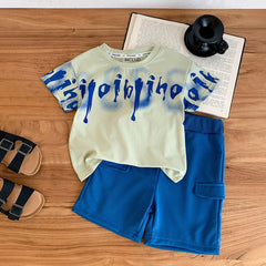 Boys Blue Abstract Print Short Sleeves T-Shirt With Cargo Shorts Set