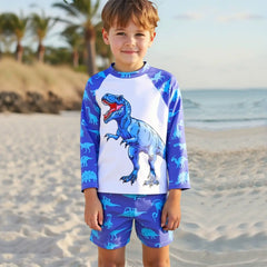 Boys Blue Dinosaur Printed Long Sleeves T-Shirt & Shorts Swimsuit Sets