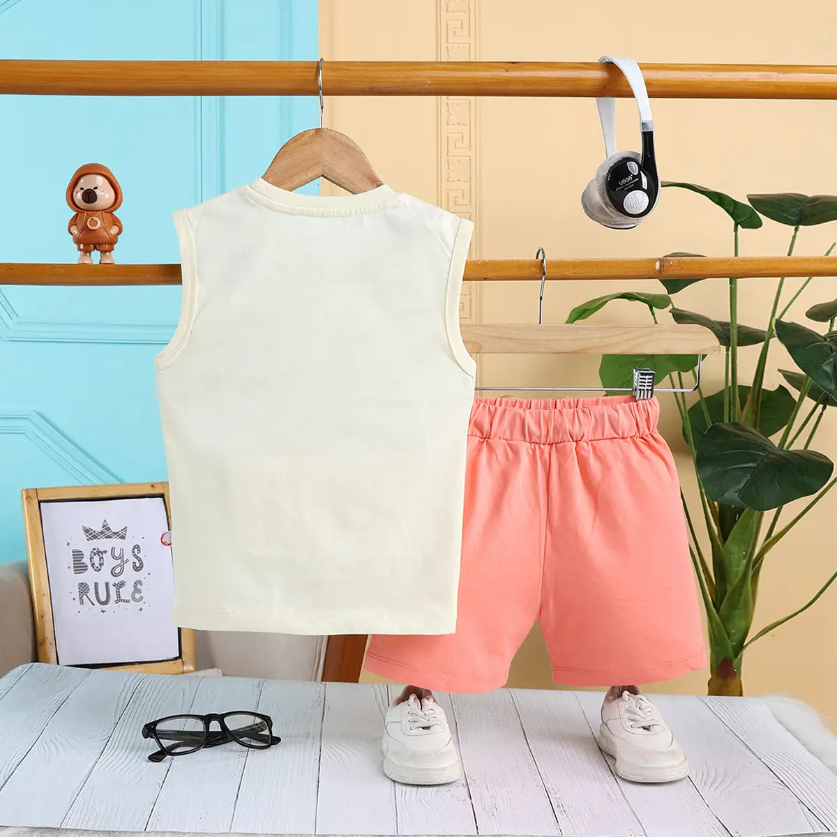 Boys Apricot Surf Printed Vest With Drawstring Shorts Sets