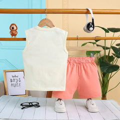 Boys Apricot Surf Printed Vest With Drawstring Shorts Sets