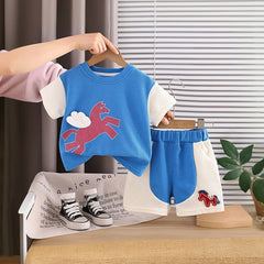 Boys Blue Horse Cartoon Print T-Shirt & Shorts Co-ord Sets