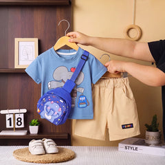 Boys Blue Elephant Print Short Sleeve T-Shirt With Shorts Sets