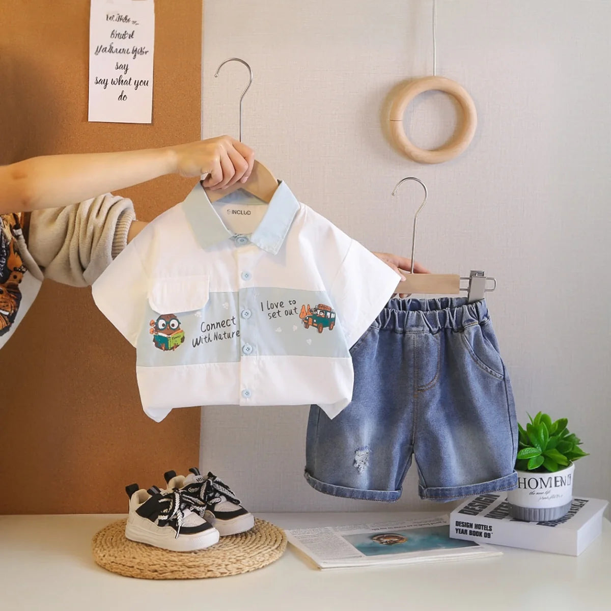 Boys Blue Car Graphic Short Sleeve Shirt With Denim Shorts Sets