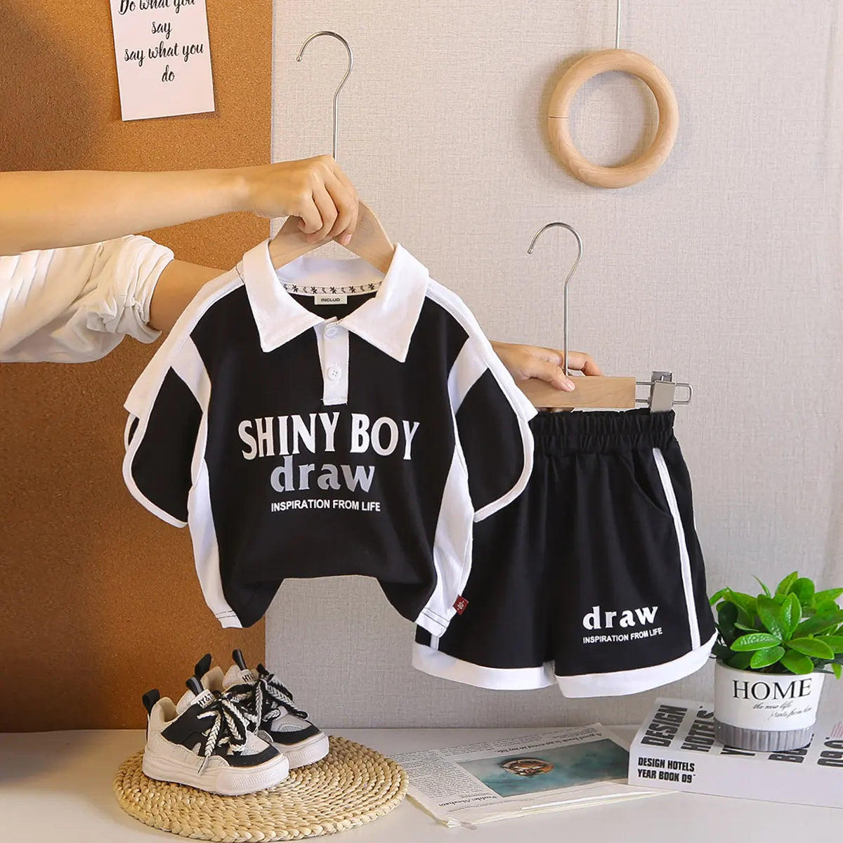 Boys Black Typographic Printed Polo T-Shirt With Shorts Co-ord Sets