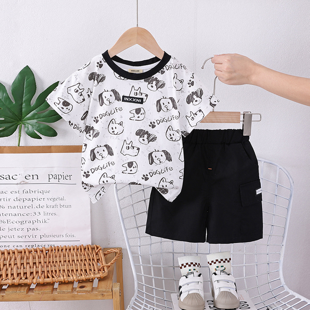 Boys Black Dog Printed Short Sleeves T-shirt With Shorts Set
