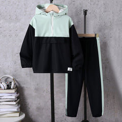 Boys Black Color-blocked Half Zipper Sweatshirt With Fur Lining & Pants Sets