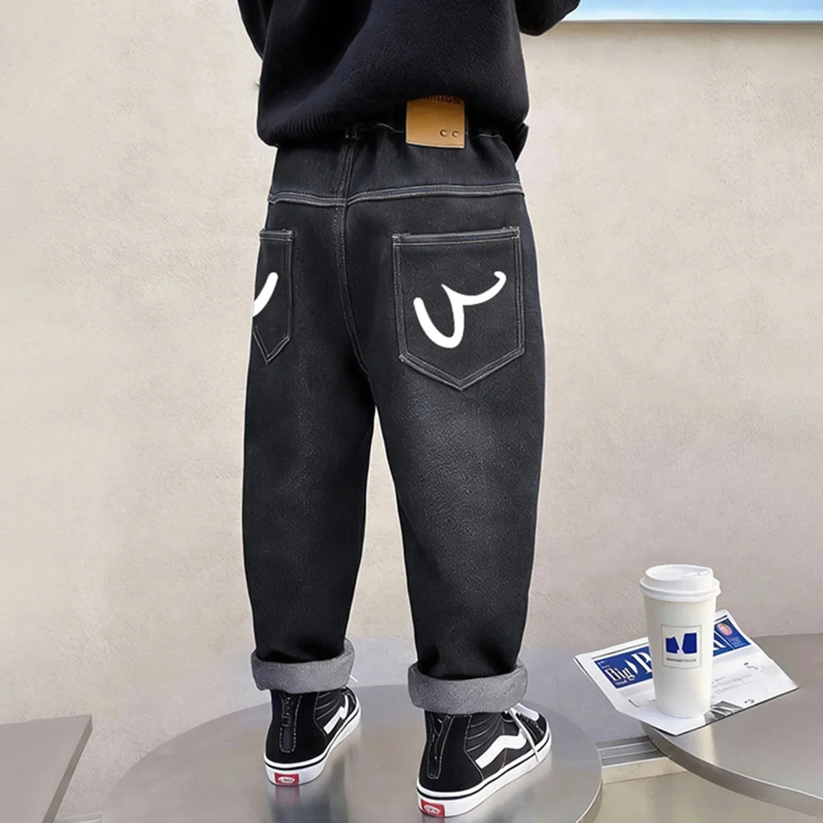 Boys Black Denim Pants with Back Wave Graphic