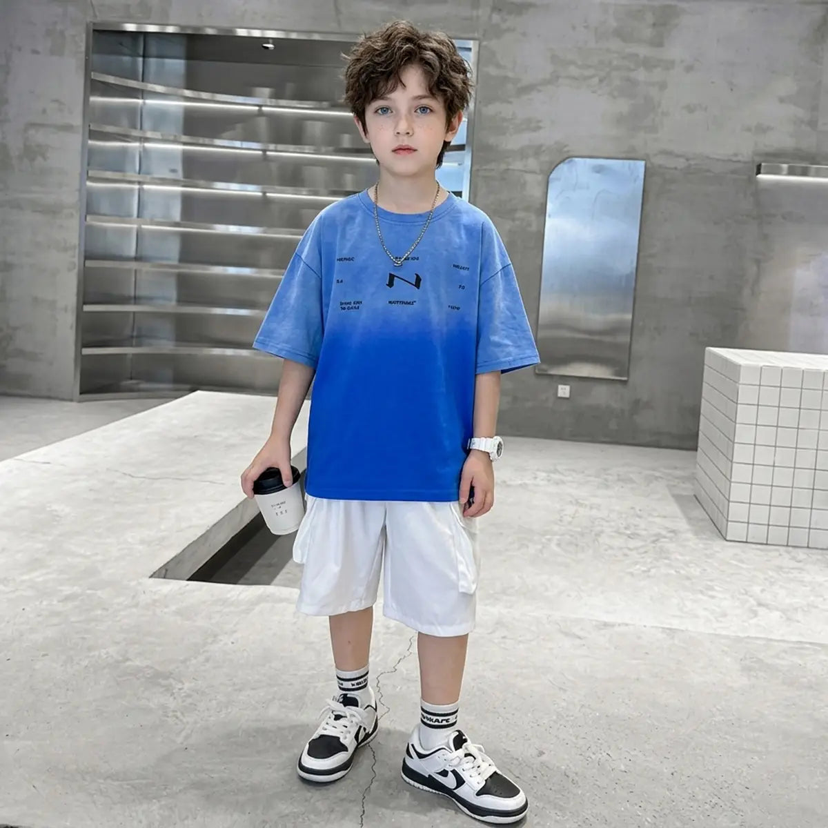 Boys Blue Ombre Drop Shoulder T-Shirt With Shorts Sets