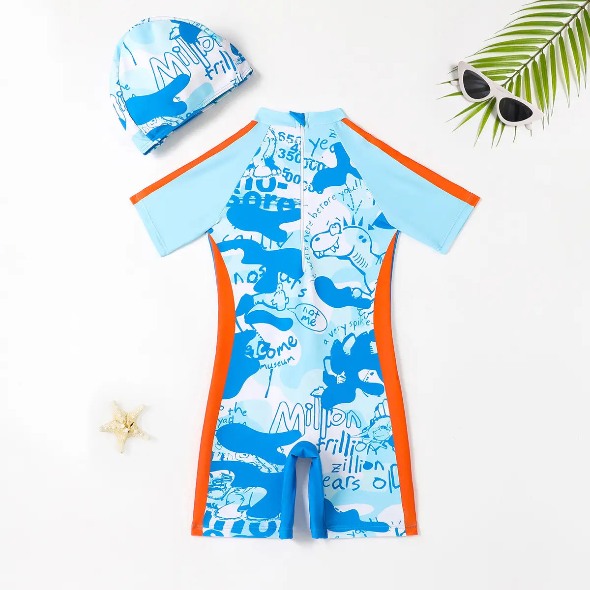 Boys Blue Graphics Short Sleeves Swimwear Bodysuit & Swim Cap