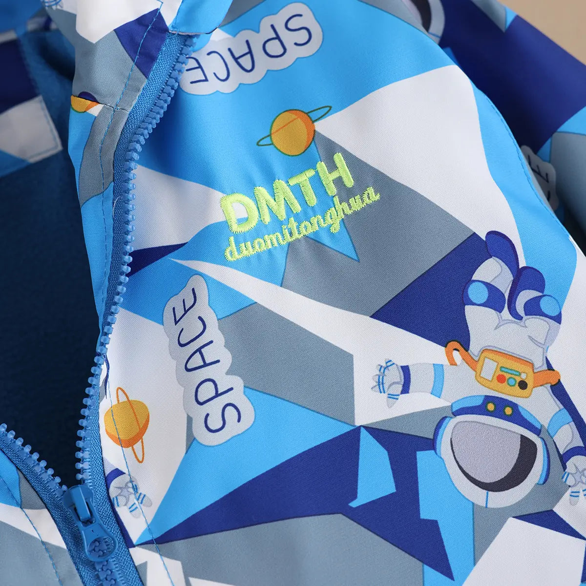 Boys Blue Astronaut Printed Hooded Zipper Jacket