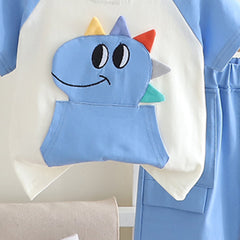 Boys Blue Dino Patchwork Raglan Sleeve T-shirt with Shorts Set