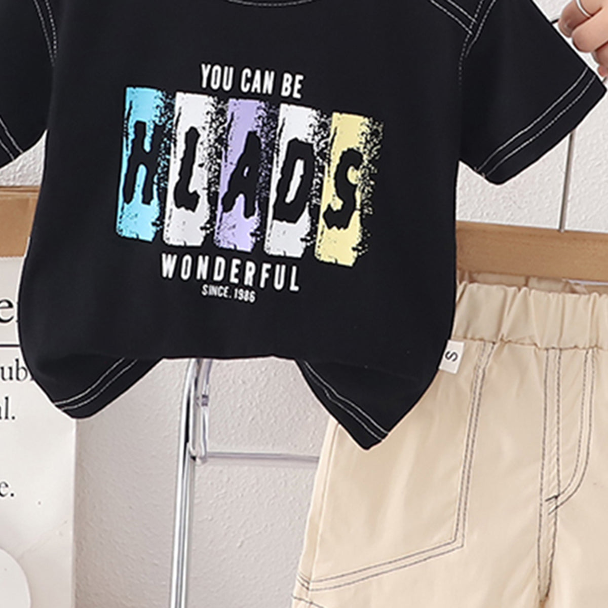 Boys Black Short sleeves Alphabet Printed T-Shirt With Shorts Set