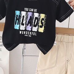 Boys Black Short sleeves Alphabet Printed T-Shirt With Shorts Set