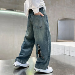 Boys Blue Graphic Baggy Fit Denim Jeans
