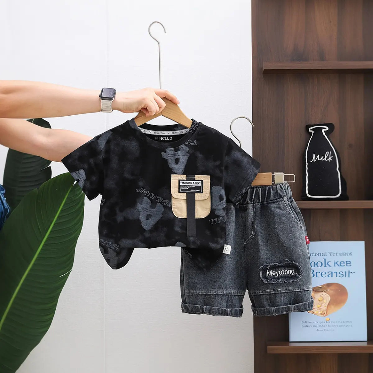 Boys Black Typographic Print Short Sleeves T-Shirt With Denim Shorts Set