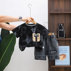Boys Black Typographic Print Short Sleeves T-Shirt With Denim Shorts Set