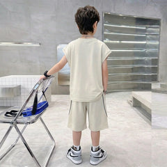 Boys Beige Graphic Sleeveless T-Shirt With Elasticated Long Shorts Sets