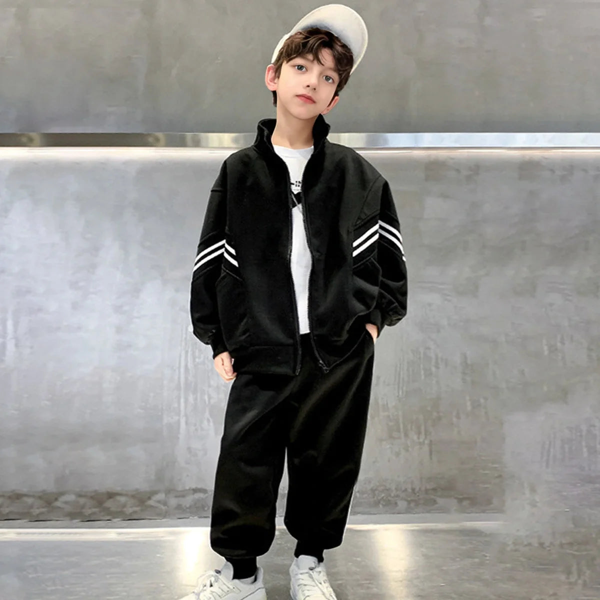 Boys Black Zip-up Jacket With Jogger Sets