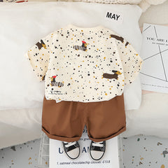 Boys Apricot Puppy Printed Short Sleeves T-Shirt With Shorts Set