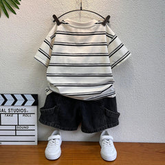 Boys Black Short Sleeve Striped T-Shirt With Denim Shorts Sets