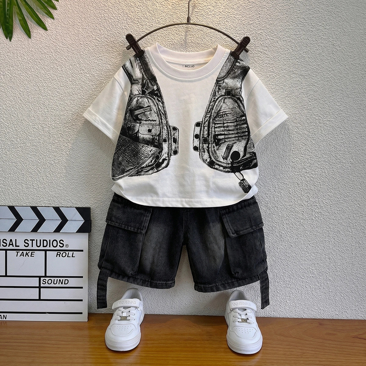 Boys Black Short Sleeve Graphic Print T-Shirt With Denim Shorts Sets