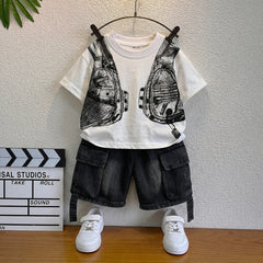 Boys Black Short Sleeve Graphic Print T-Shirt With Denim Shorts Sets