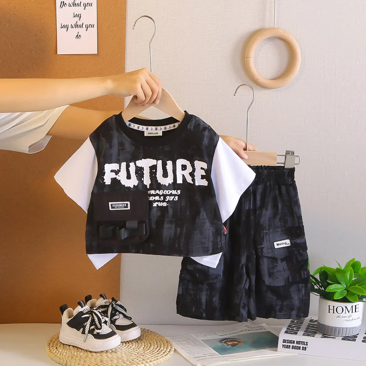 Boys Black Typographic Printed T-Shirt With Shorts Sets