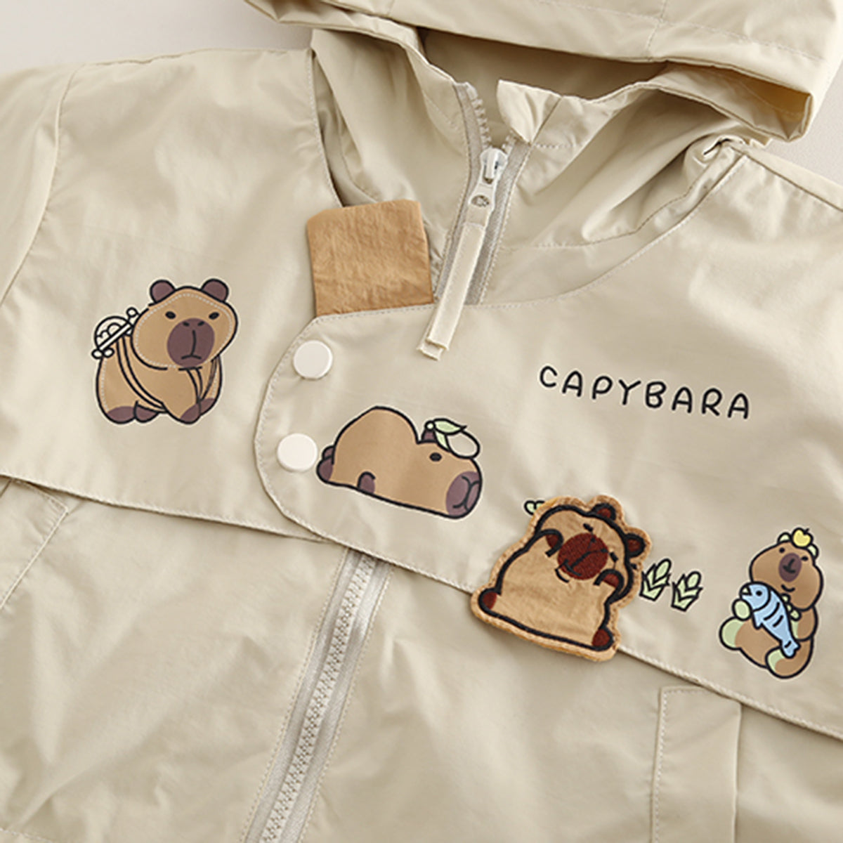 Boys Beige Capybara Printed Hooded Jacket With Joggers Set