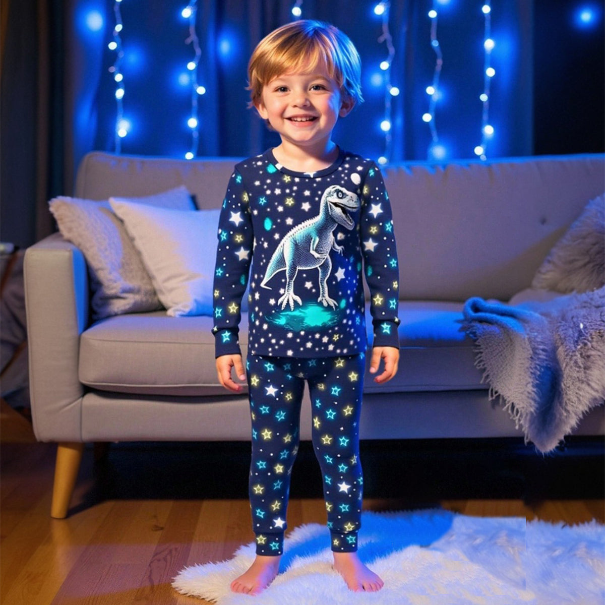 Boys Black Dinosaur Printed Glow in the Dark T-Shirt & Pajama Winter Set