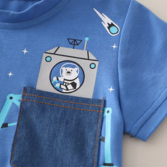 Boys Blue Graphics T-Shirt With Denim Shorts Set