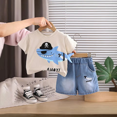 Boys Beige Shark Pirate Graphic Short Sleeve T-Shirt With Denim Shorts Sets